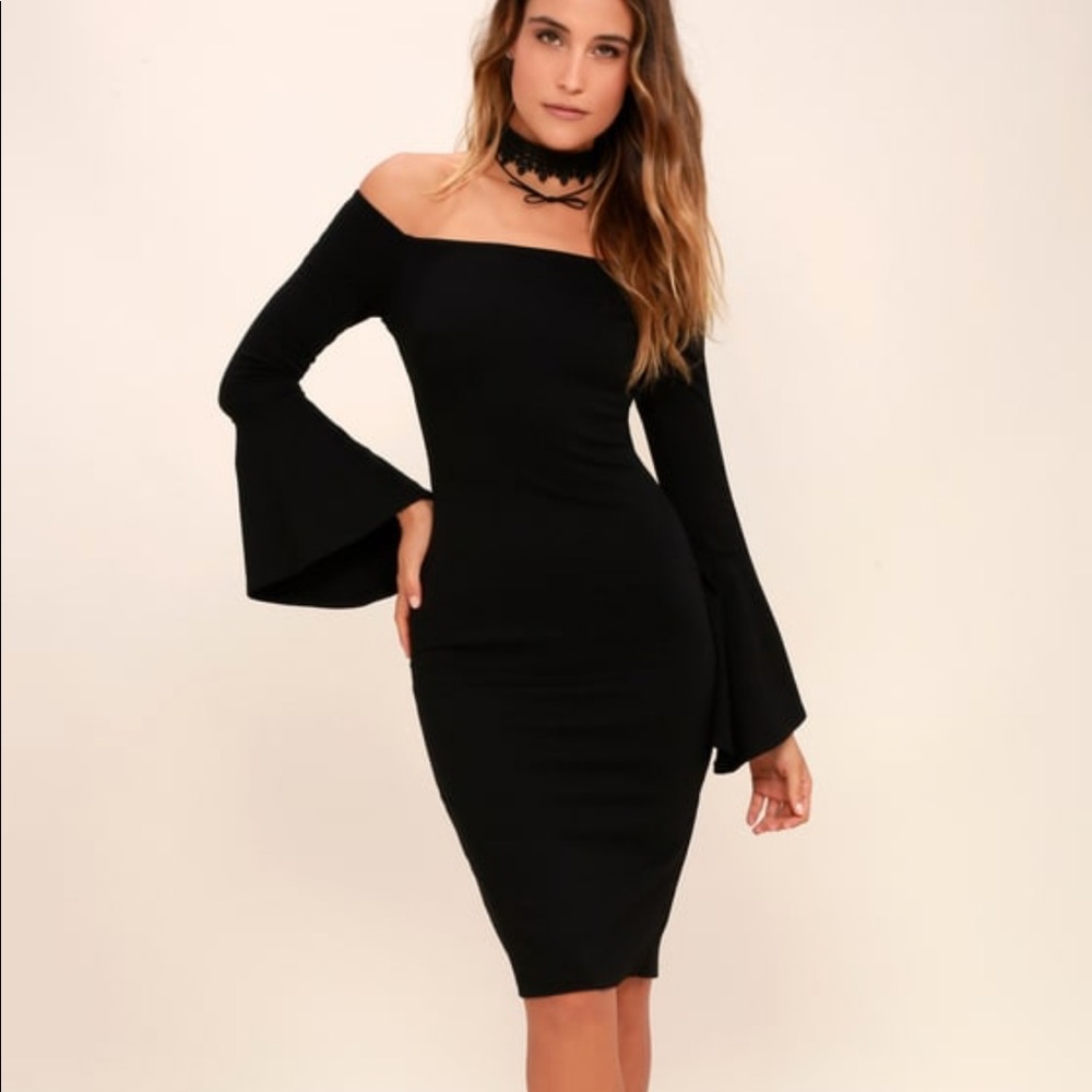 Off The Shoulder Long Bell Sleeve Midi Dress